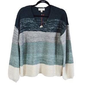 Knox Rose Women Top Sweater SZ Large Woodland Green Gray Striped Long Sleeve NWT